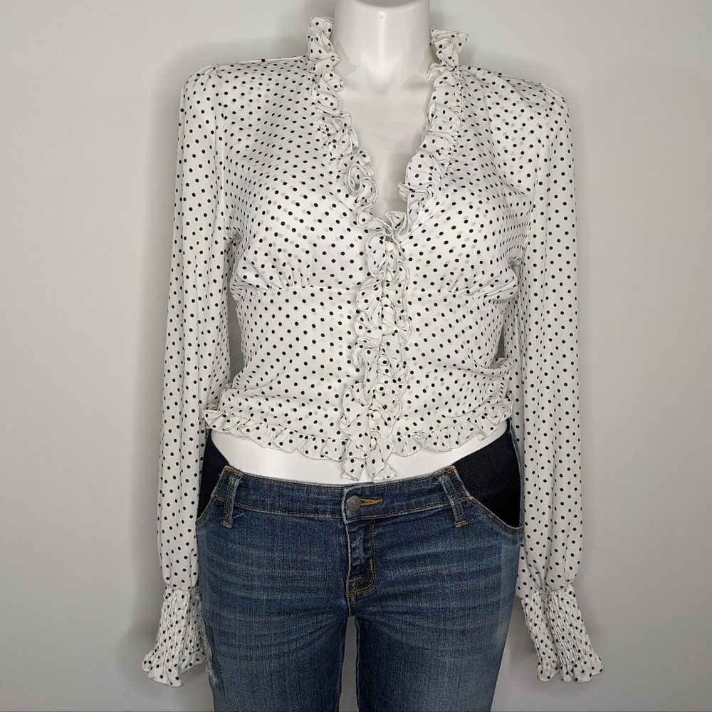 NWOT Free People white black polkadot button up ruffle blouse L